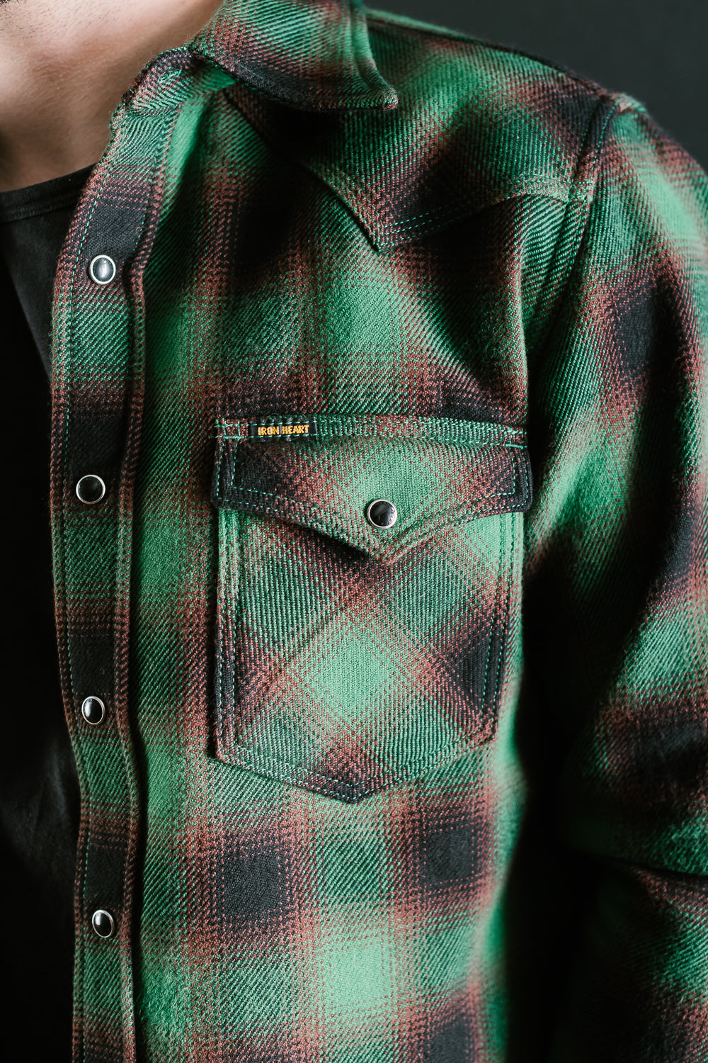 IHSH-373-GRN - Ultra Heavy Flannel Ombré Check Western Shirt - Green