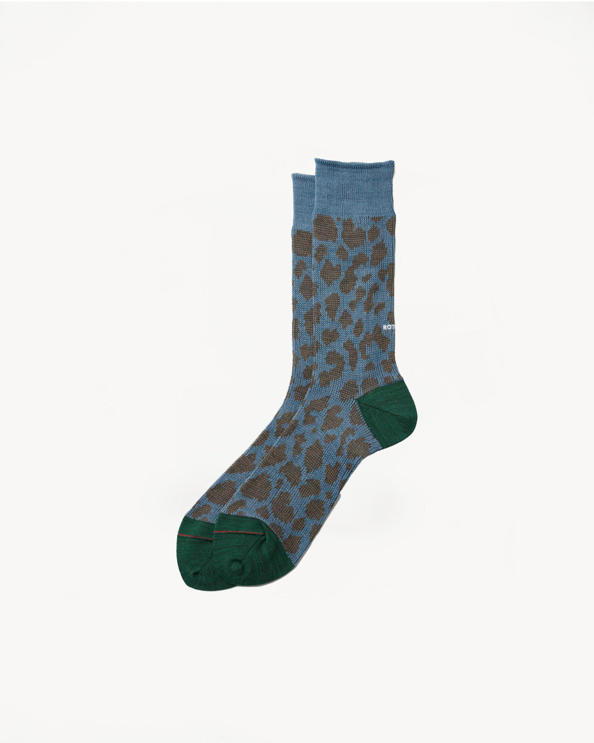 R1418 - Organic Cotton & Recycled Polyester Leopard Crew Sock - Light Blue, Dark Green