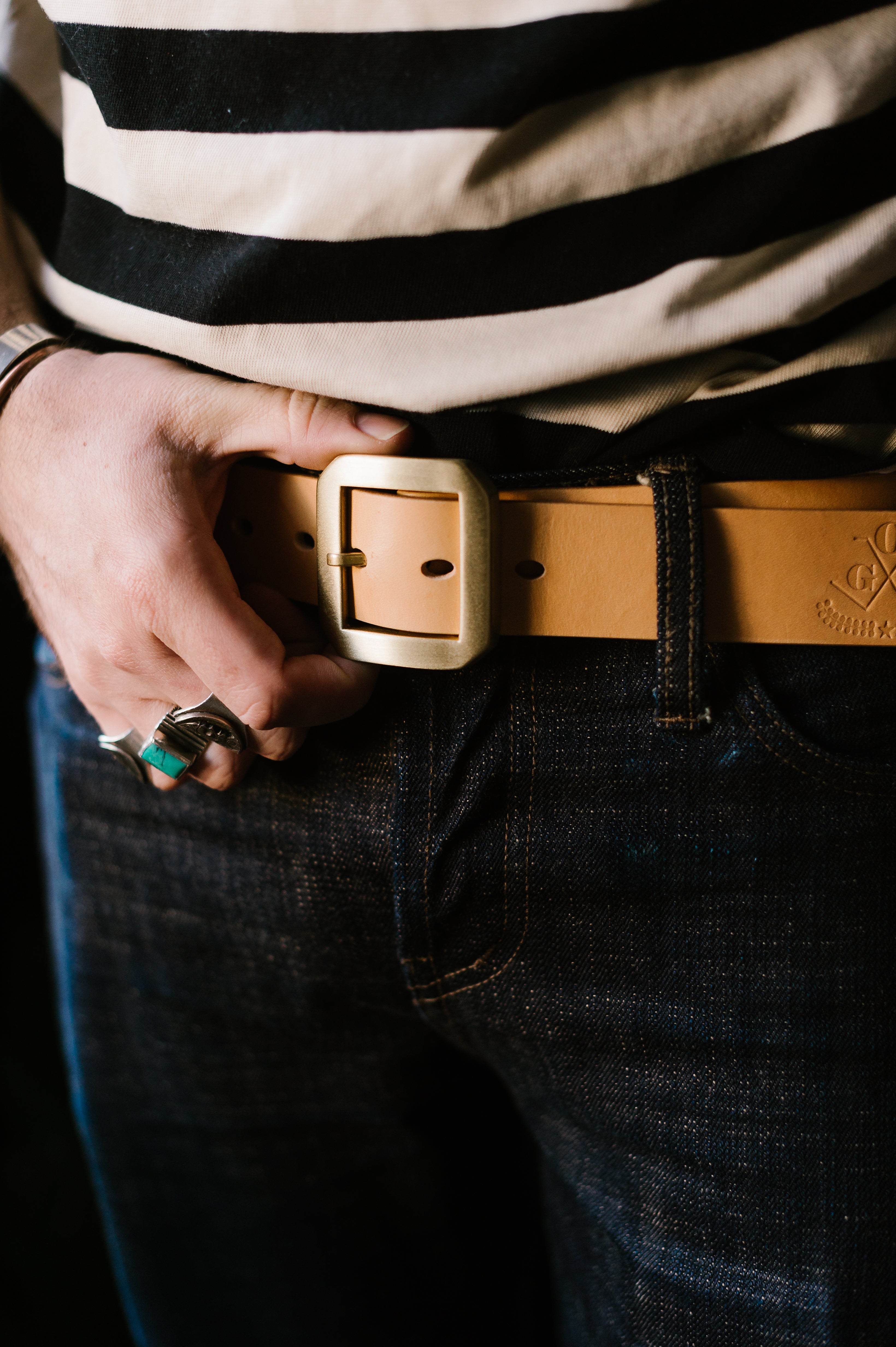 Single Prong Brass Garrison Leather Belt - Natural