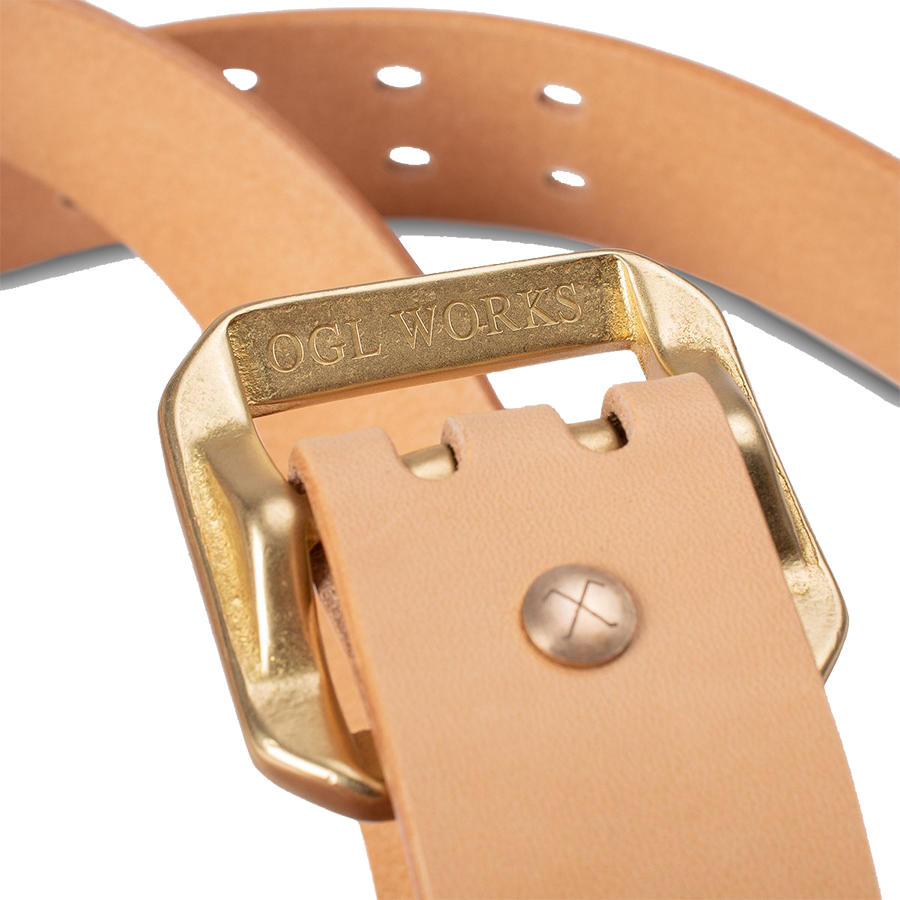 Double Prong Brass Garrison Buckle Leather Belt - Natural
