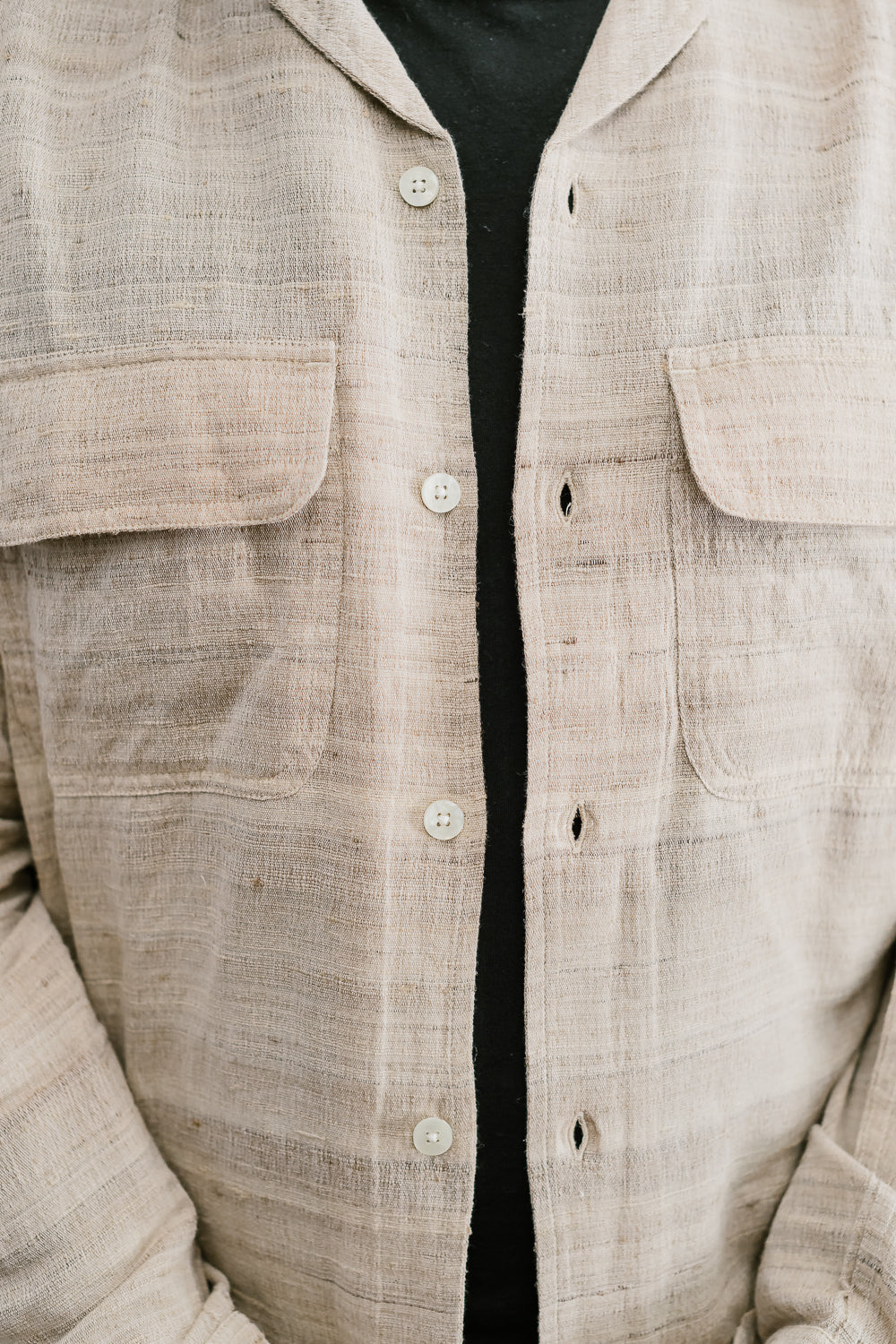 Open Collar Shirt Handloom Silk - Travertine | James Dant