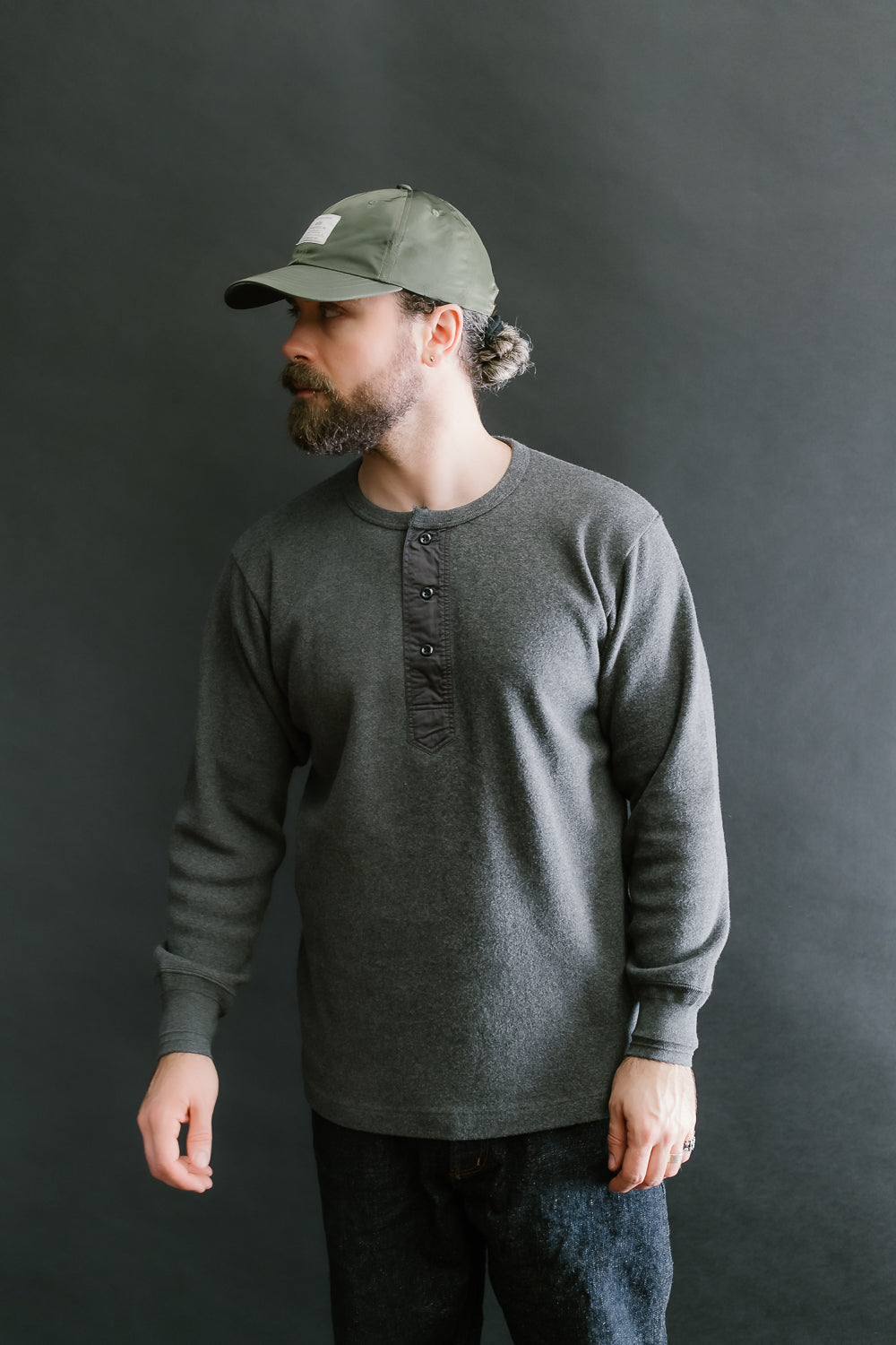 5502H - Cotton Rib Henley Neck L/S Shirt - Charcoal Black