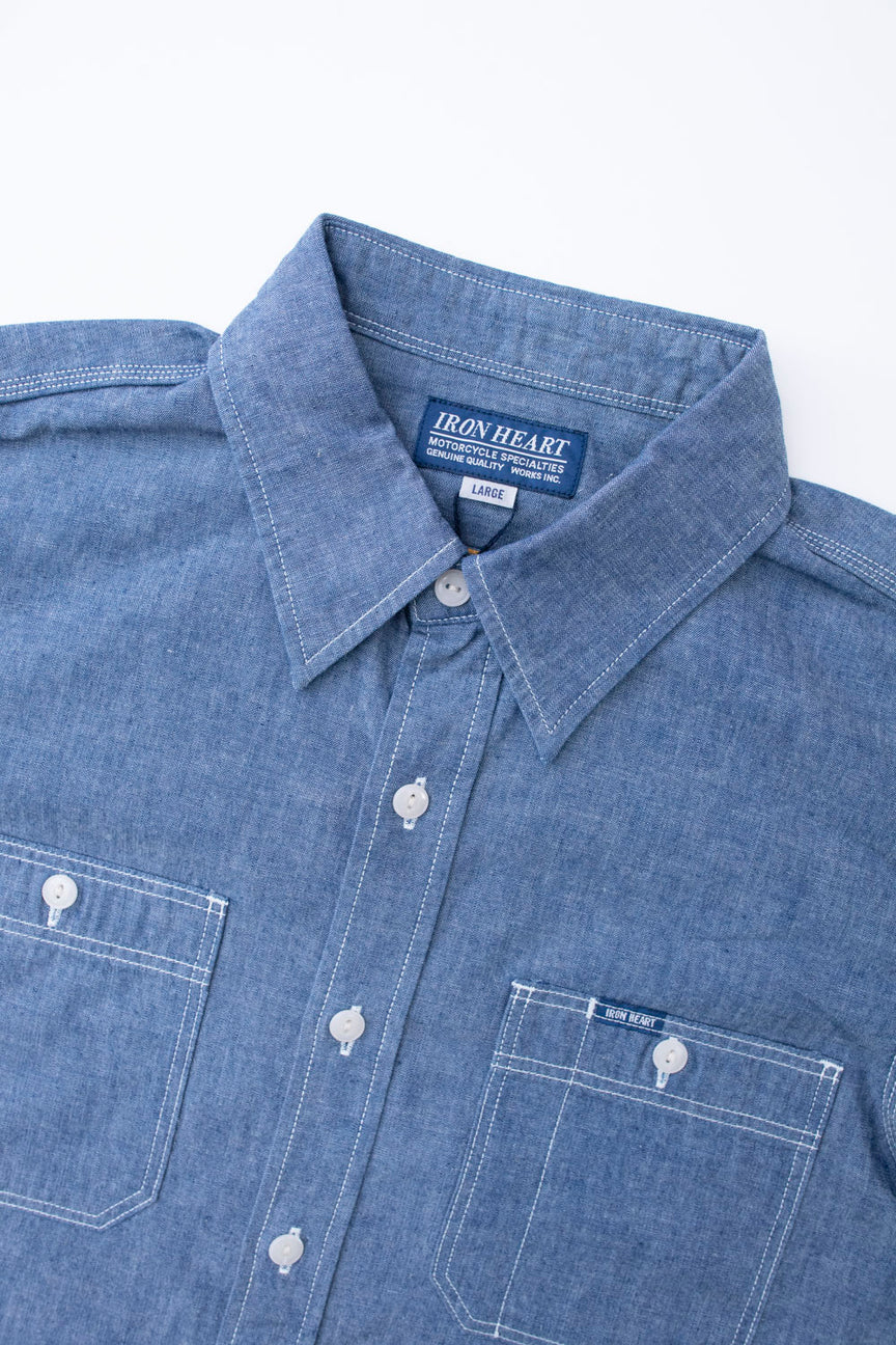 Iron Heart Japanese Selvedge Chambray Short Sleeve Work Shirt - Indigo