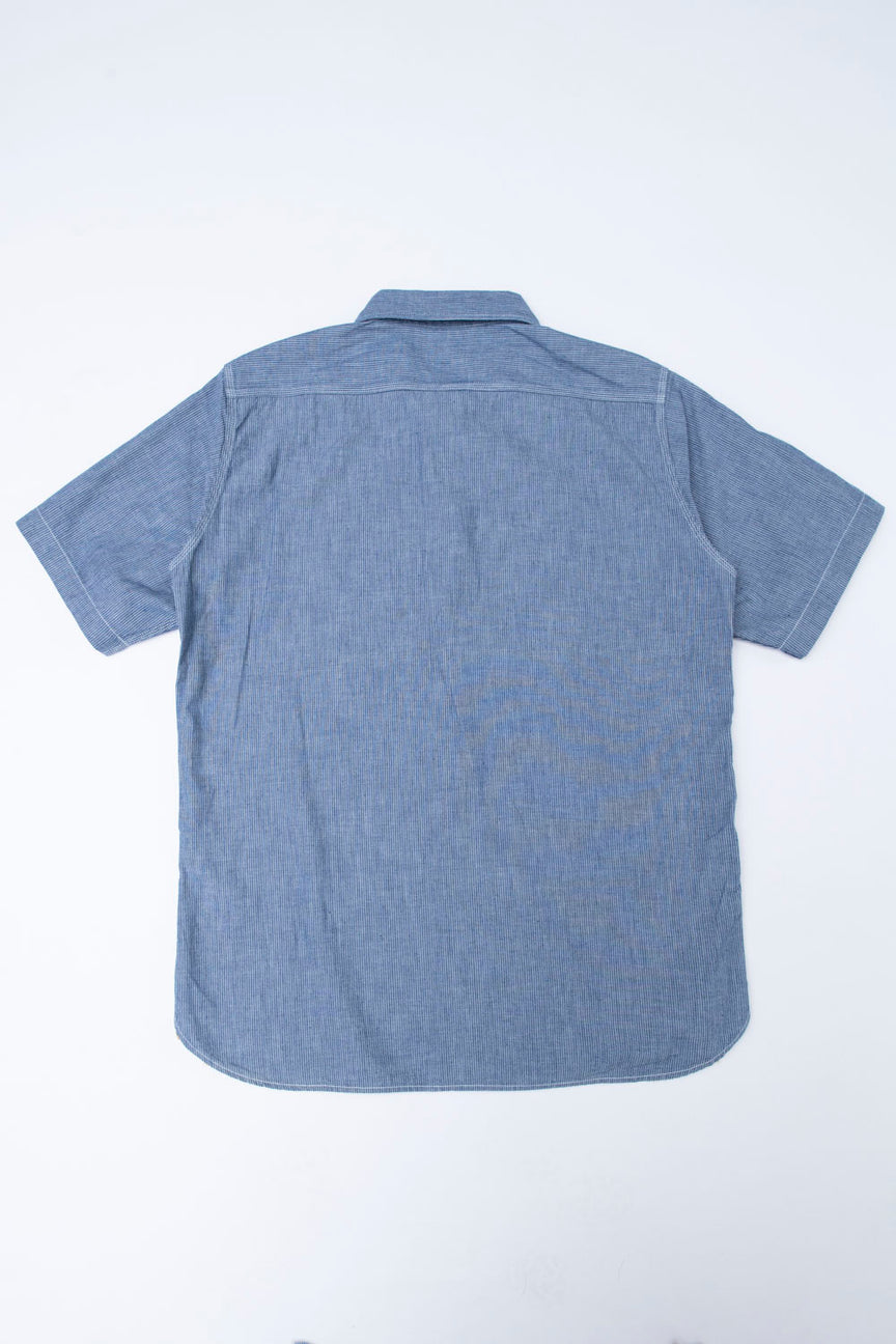IHSH-285-PIN - 5.5oz Selvedge Pinstripe Chambray Short Sleeve Work Shirt -  Indigo