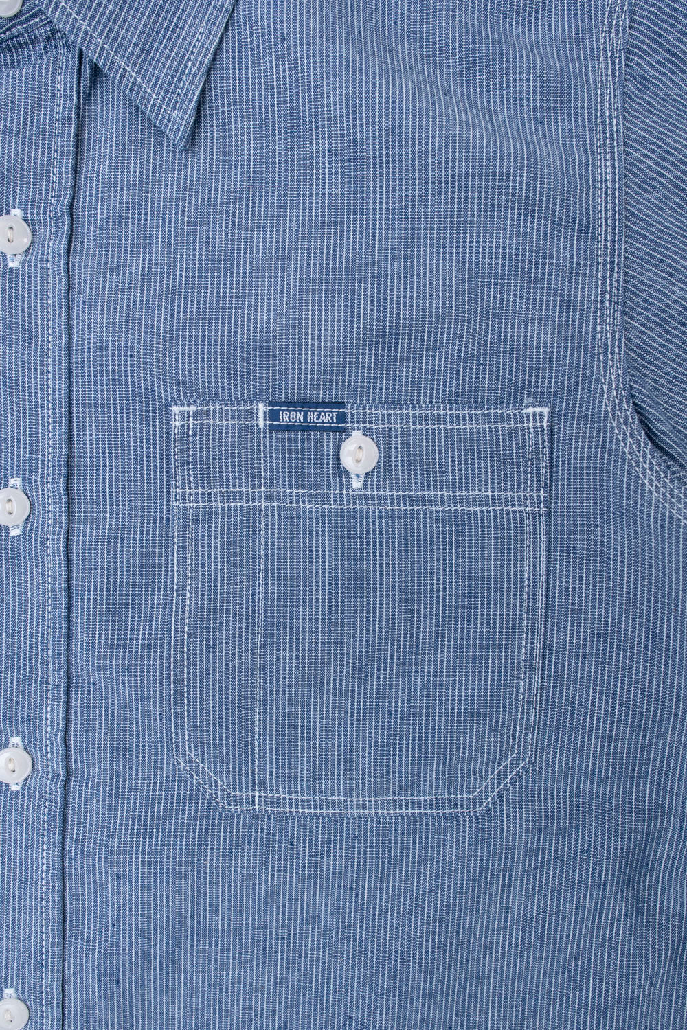 Iron Heart 285-PIN - Short Sleeved Work Shirt - 5.5oz Selvedge Pinstripe Chambray Indigo XXL