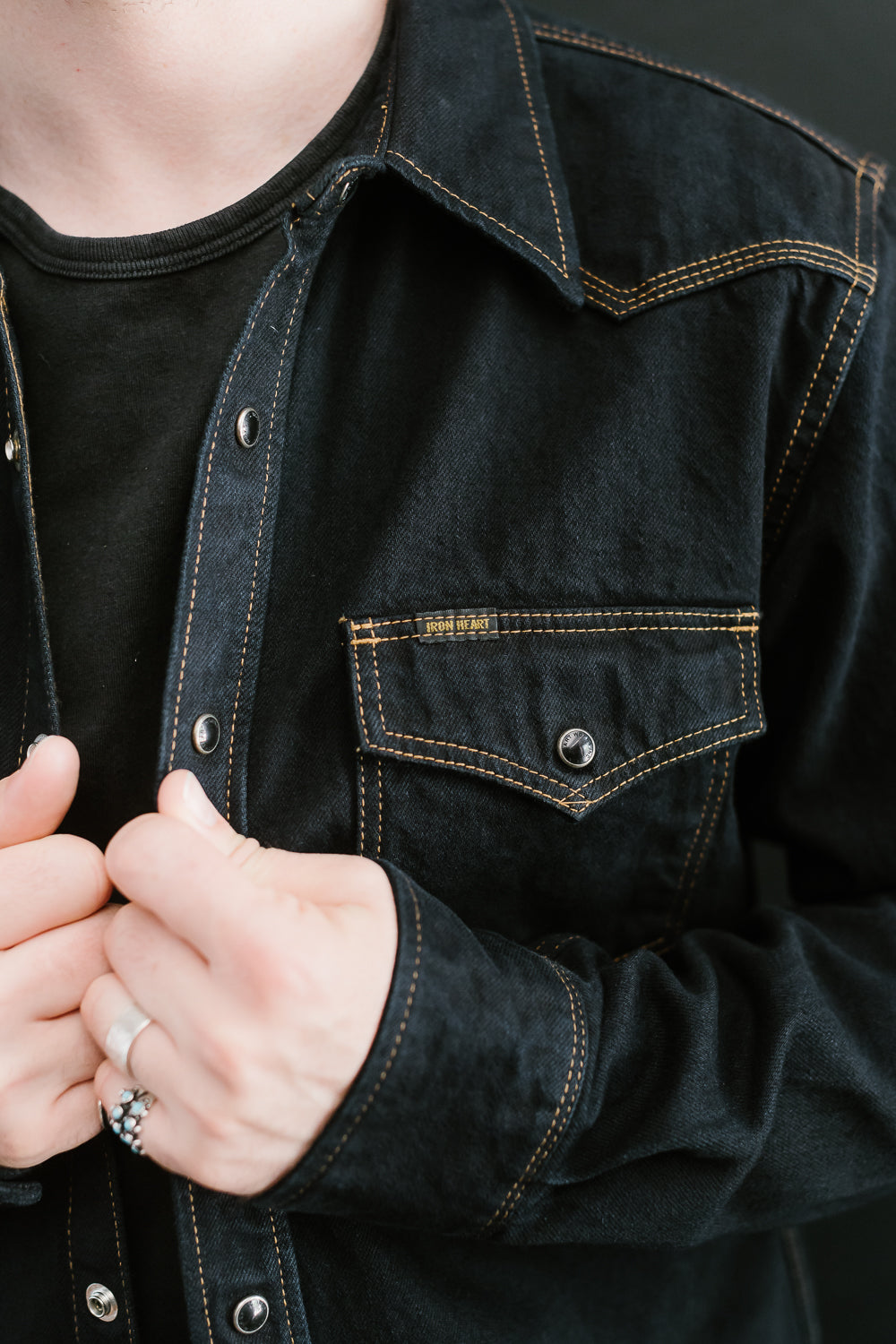 IHSH-33-OD - 12oz Selvedge Denim Western - Indigo Overdyed Black