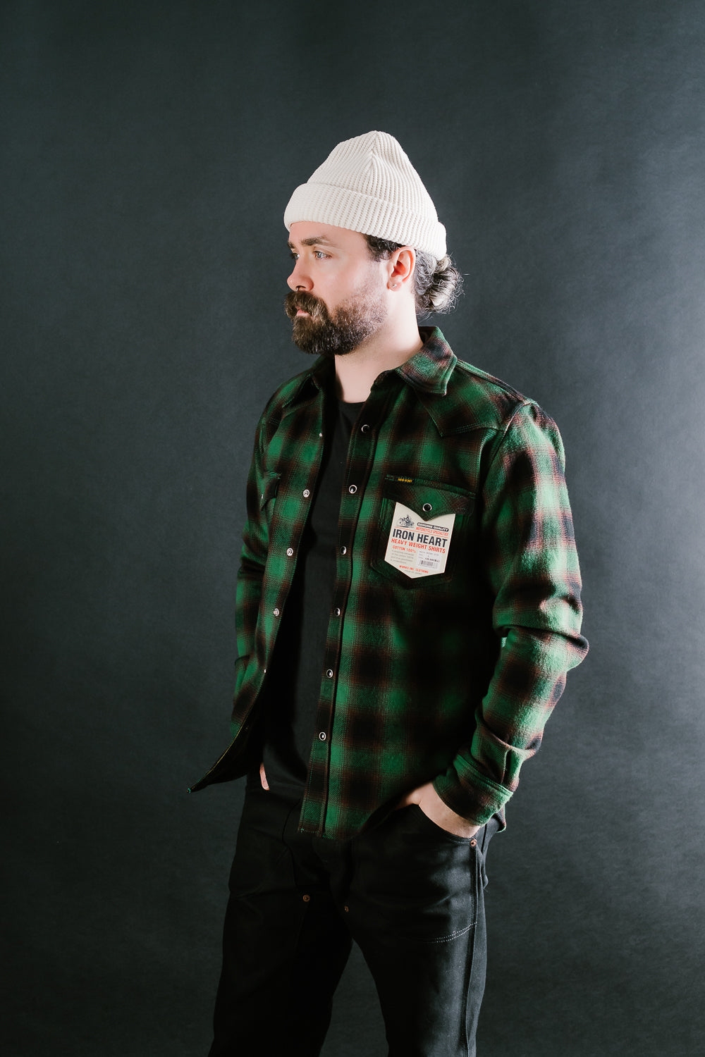 IHSH-373-GRN - Ultra Heavy Flannel Ombré Check Western Shirt - Green