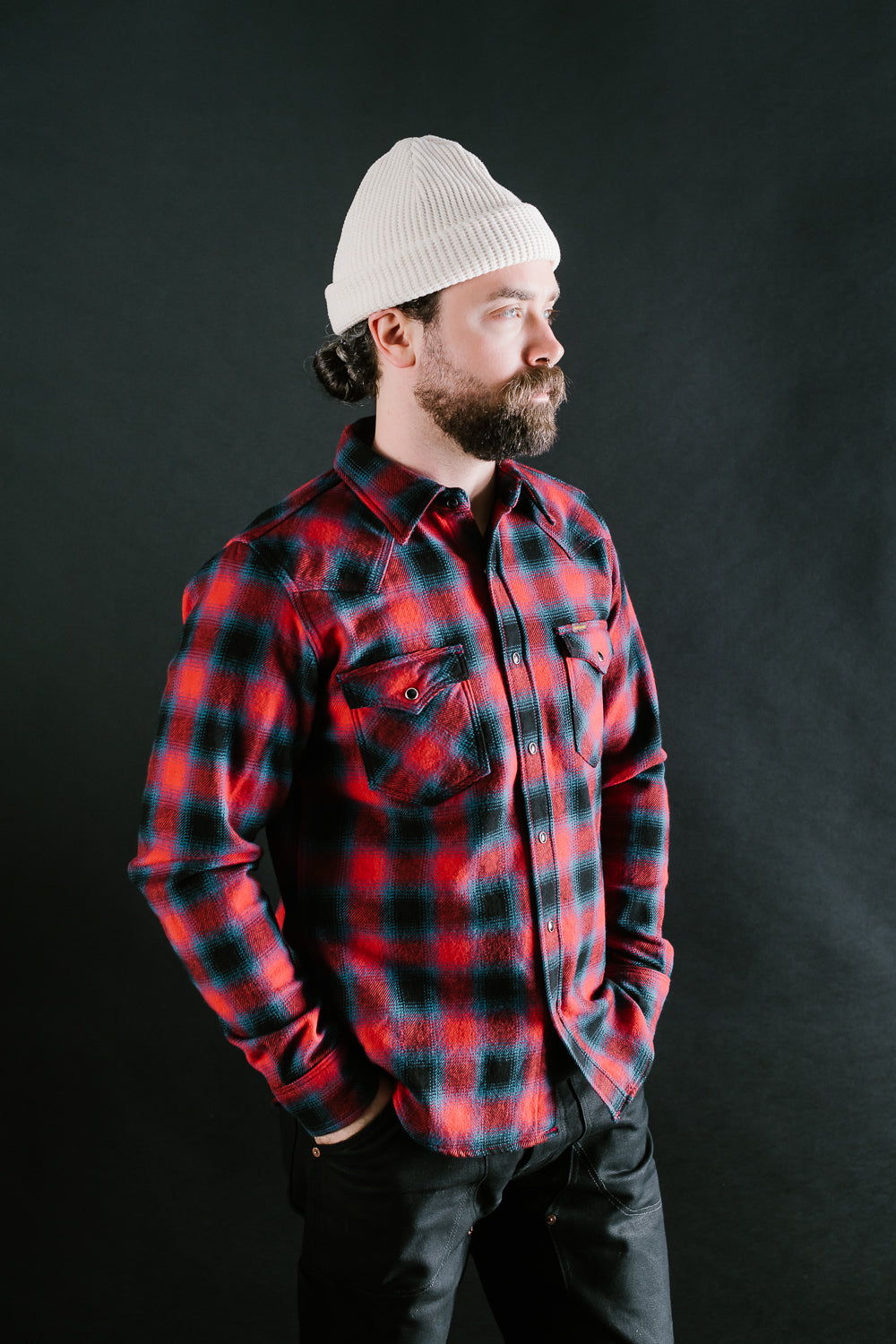 IHSH-373-RED - Ultra Heavy Flannel Ombré Check Western Shirt - Red