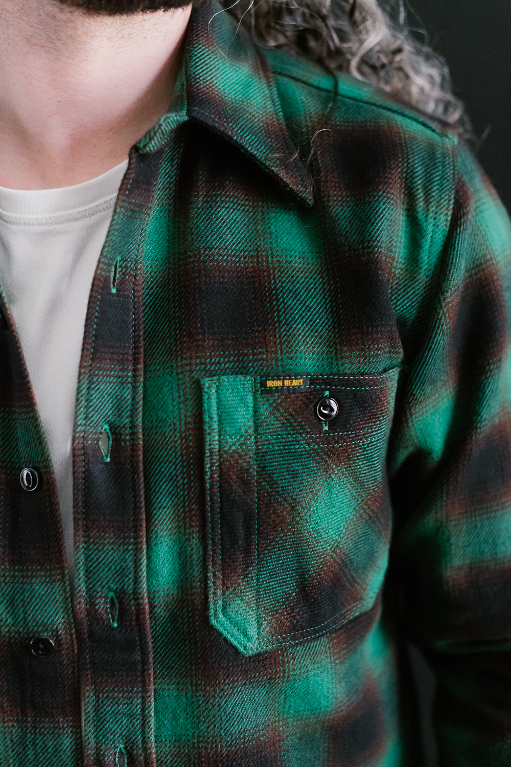 IHSH-379-GRN - Ultra Heavy Flannel Ombré Check Work Shirt - Green