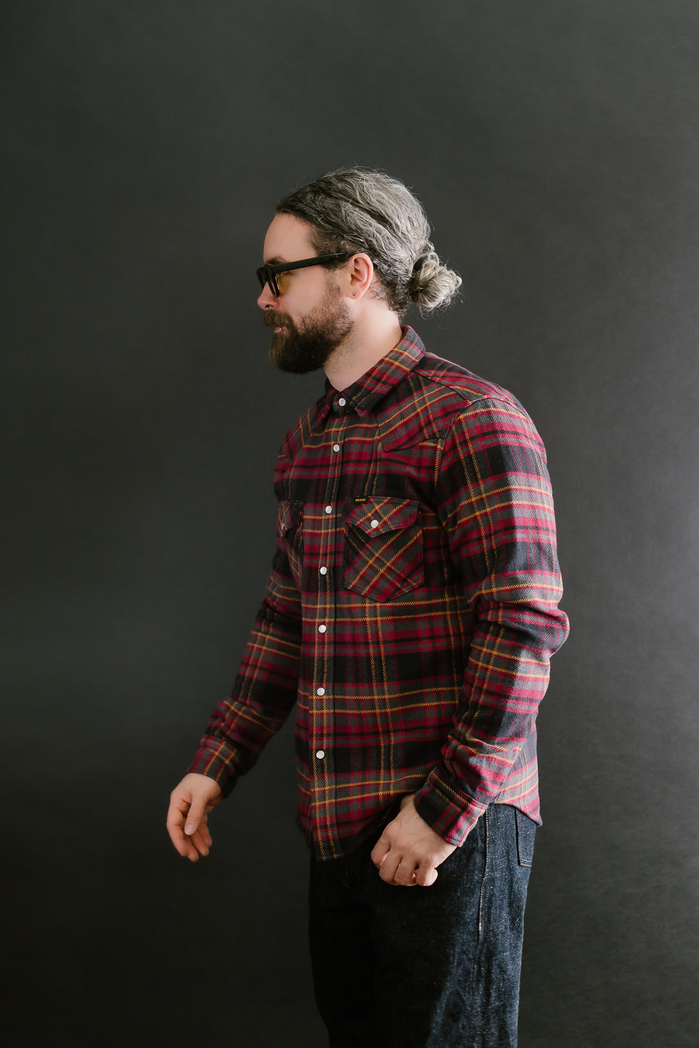 IHSH-403-GRY - 11oz Ultra Heavy Flannel Line Check Western Shirt - Grey