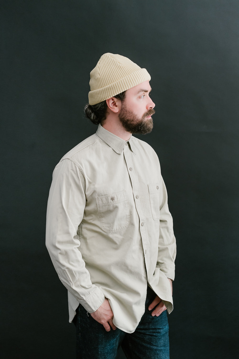 03-V8070- 67 - 1960s Twill Work Shirt Vintage Fit - Beige | James Dant