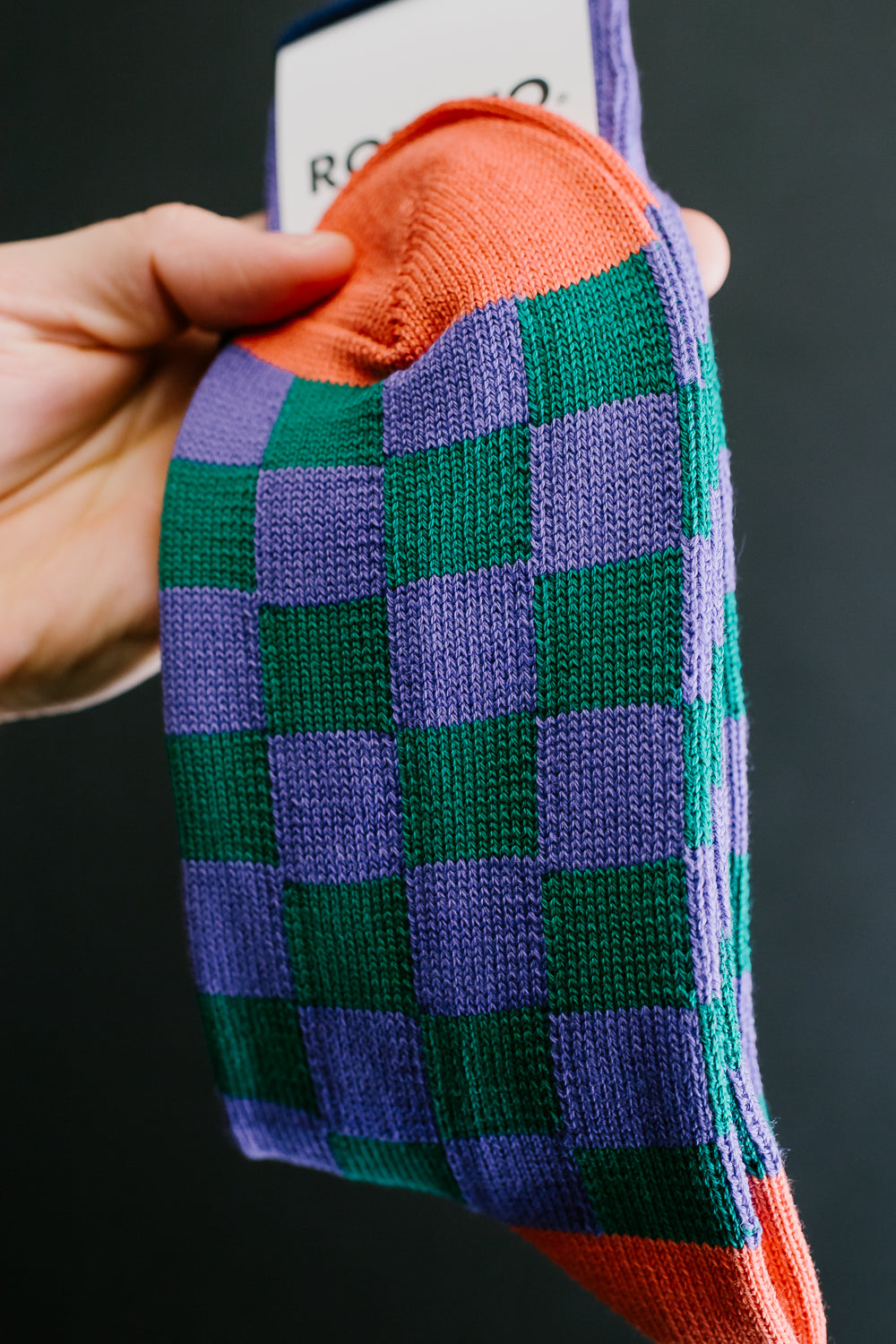 R1495 - Checkerboard Crew Socks - Purple, Green, Terracotta