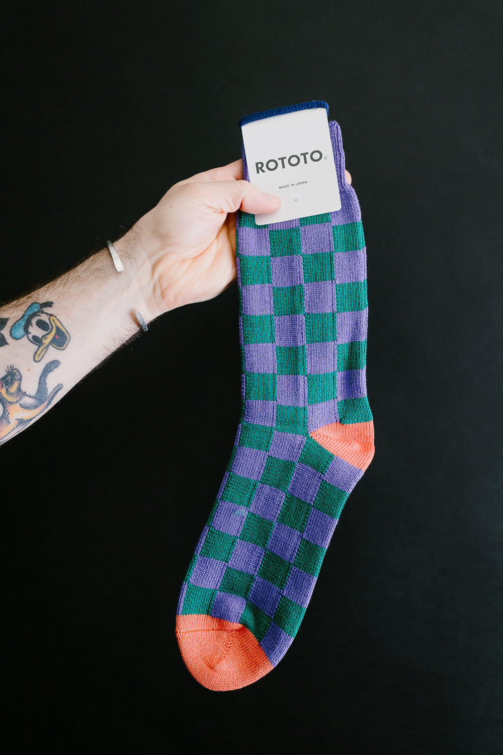 R1495 - Checkerboard Crew Socks - Purple, Green, Terracotta