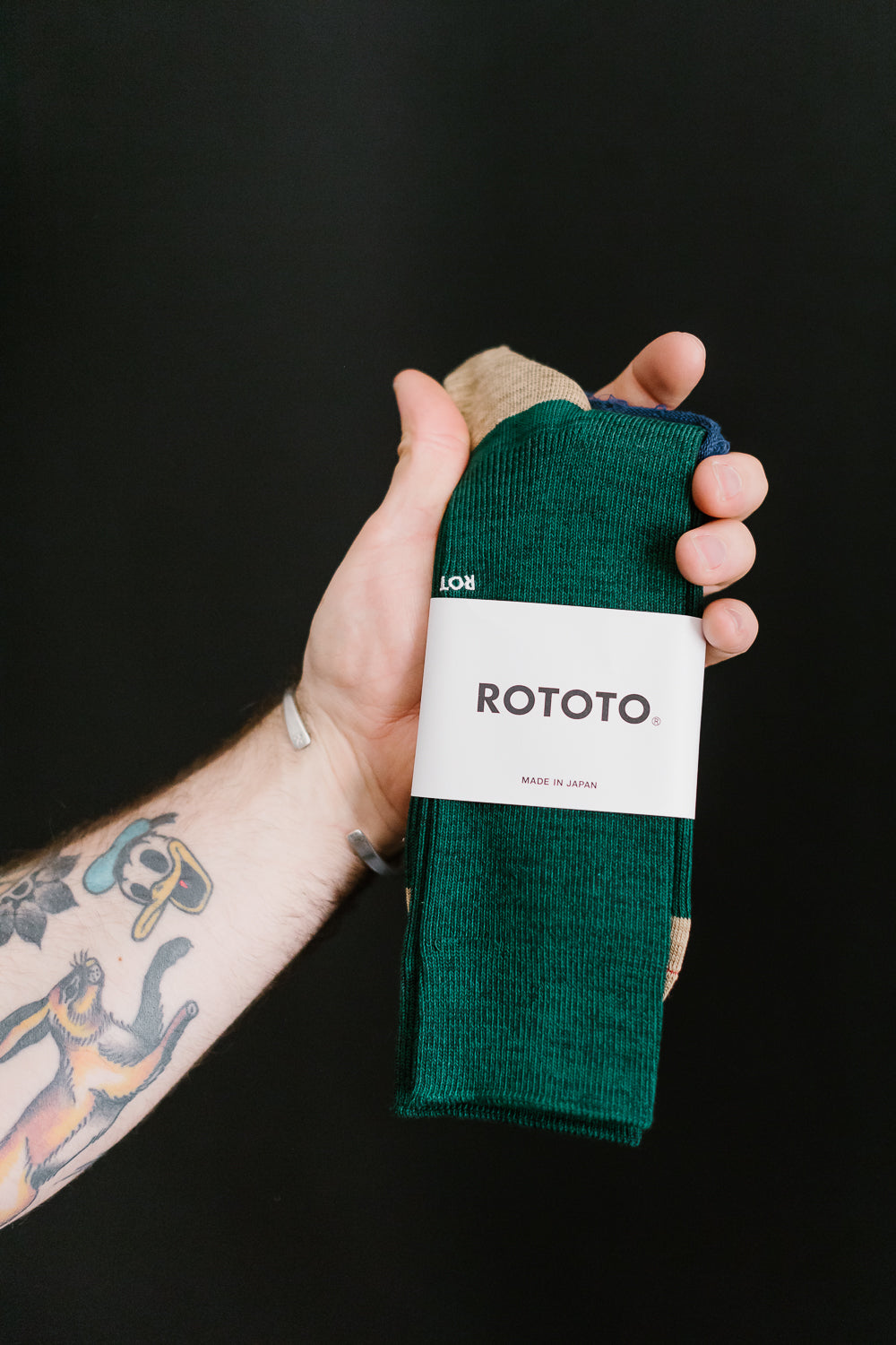 R1394 - Organic Cotton and Recycled Polyester Ribbed Crew Socks - Dark Green, Beige