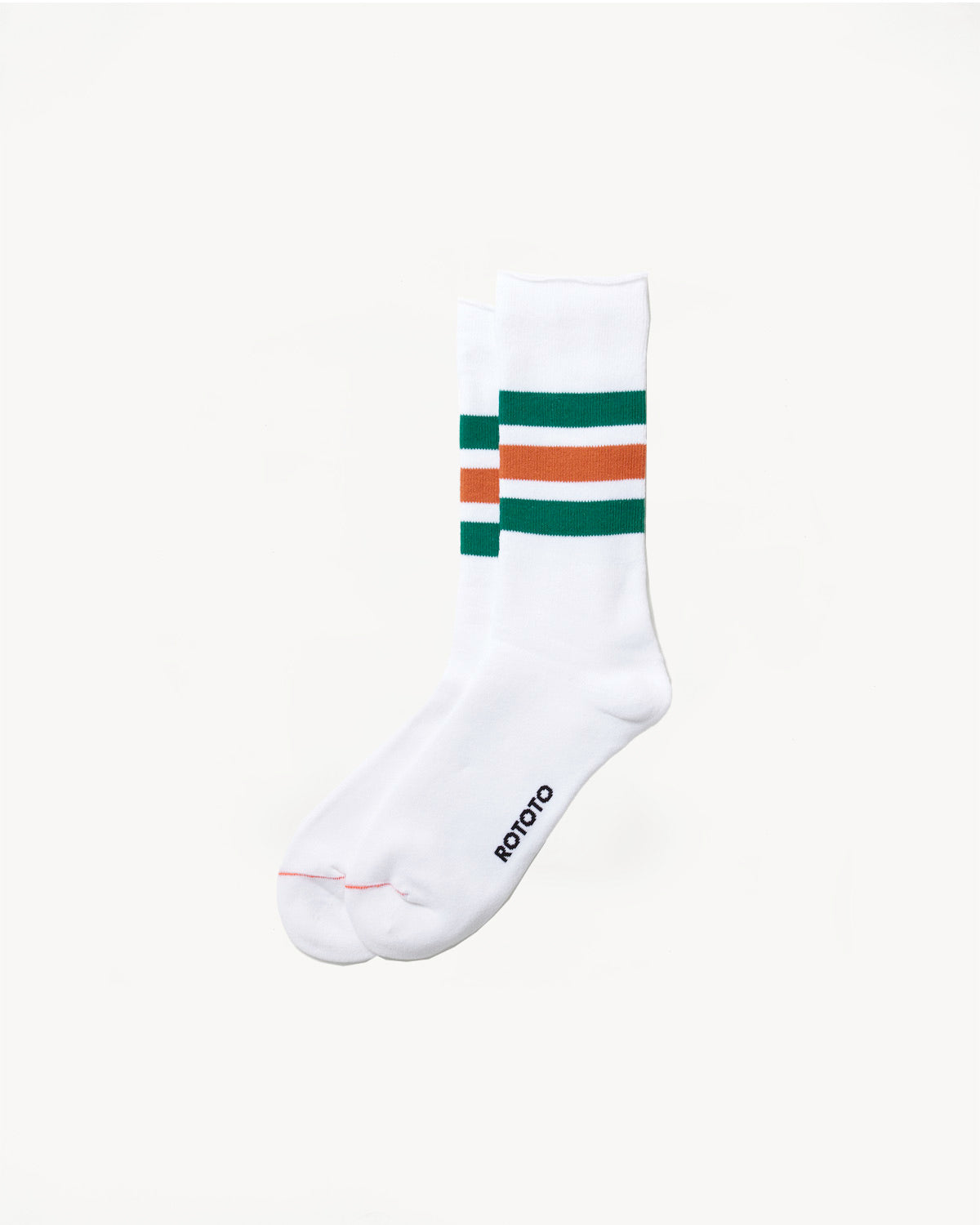 R1399 - Fine Pile Striped Crew Socks - White, Green, Dark Orange
