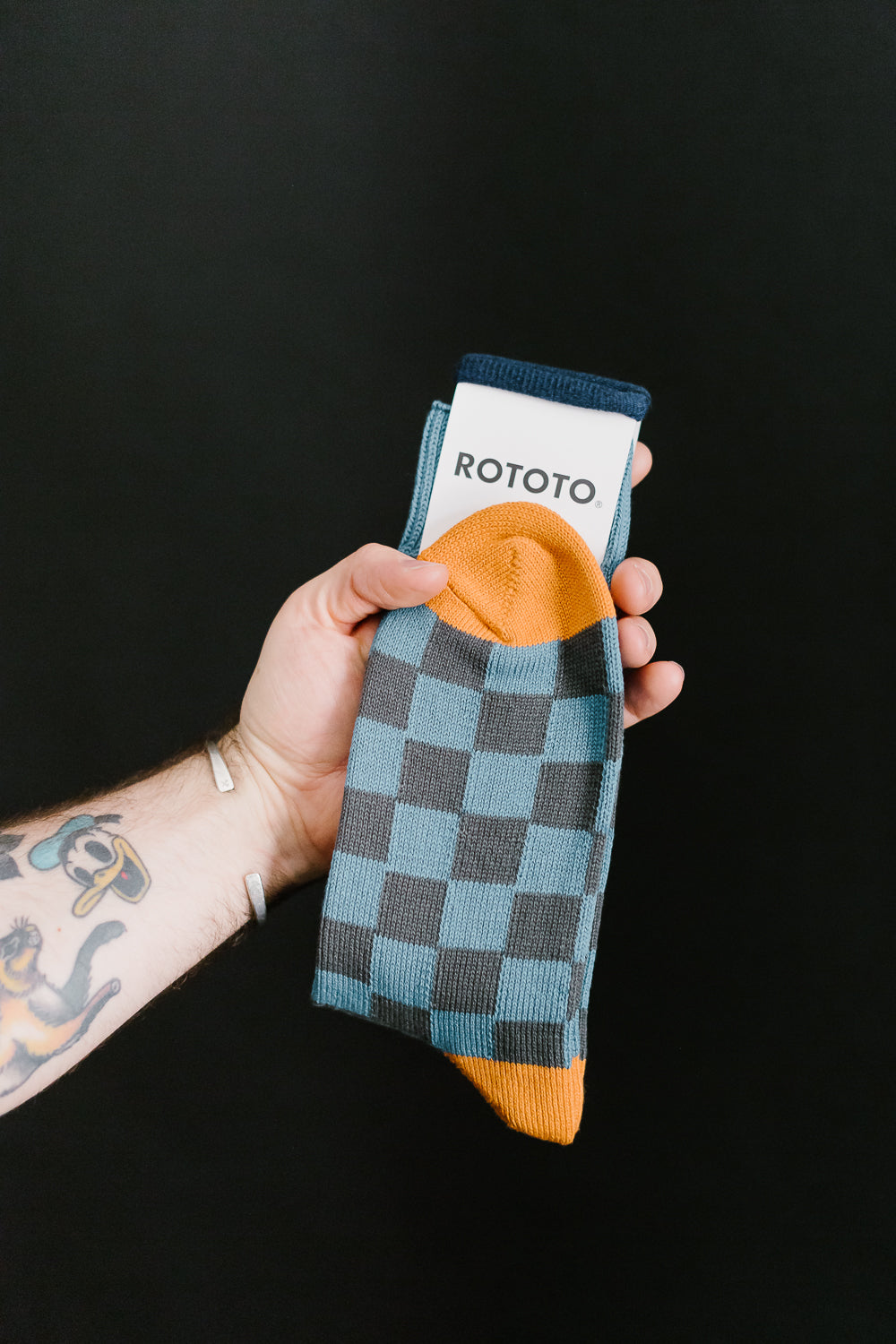 R1495 - Checkerboard Crew Socks - Light Blue, Dark Gray, Light Orange