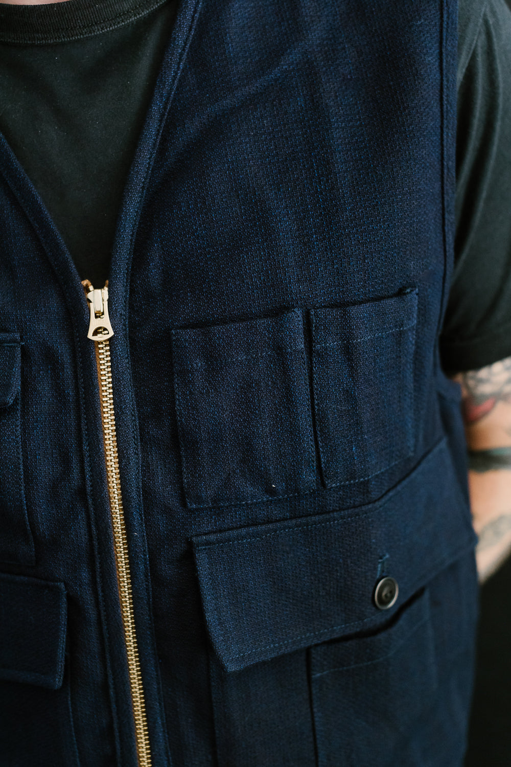 SJVT24-AK - 'Aimadara' Spotted Mixed Field Vest - Natural Indigo