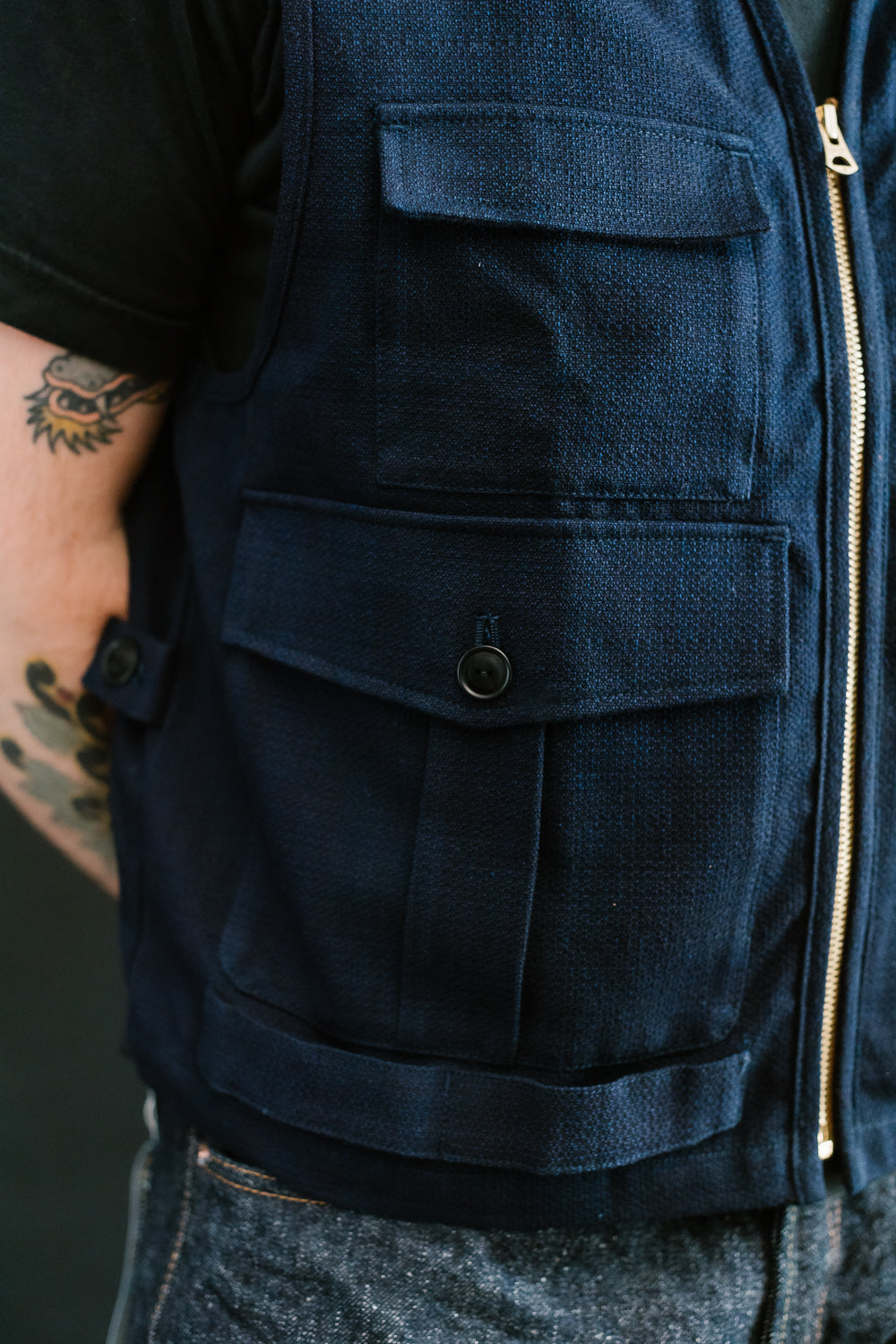 SJVT24-AK - 'Aimadara' Spotted Mixed Field Vest - Natural Indigo