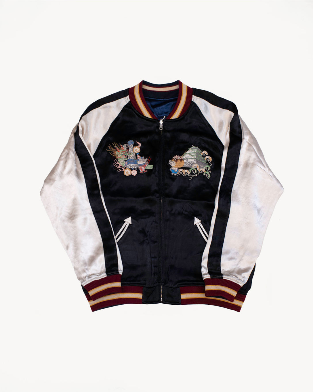 Sukajan Leather-Trimmed Satin Bomber Jacket