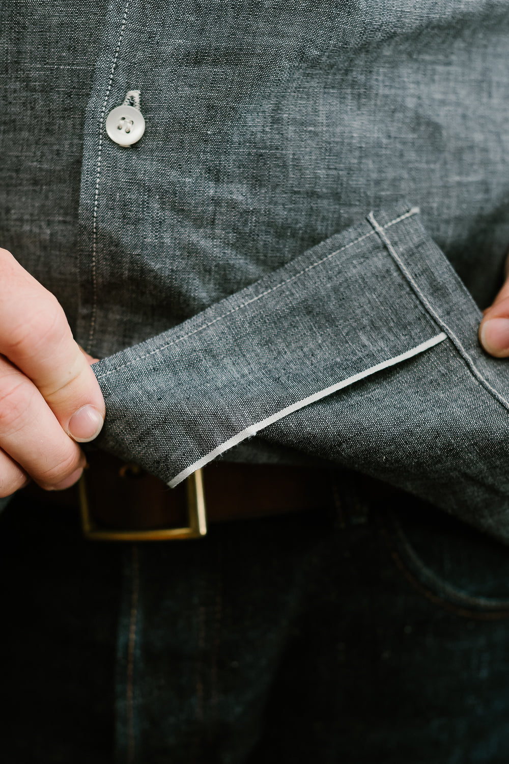 Lot 3091 - S/S Open Collar Shirt - Dark Chambray | James Dant