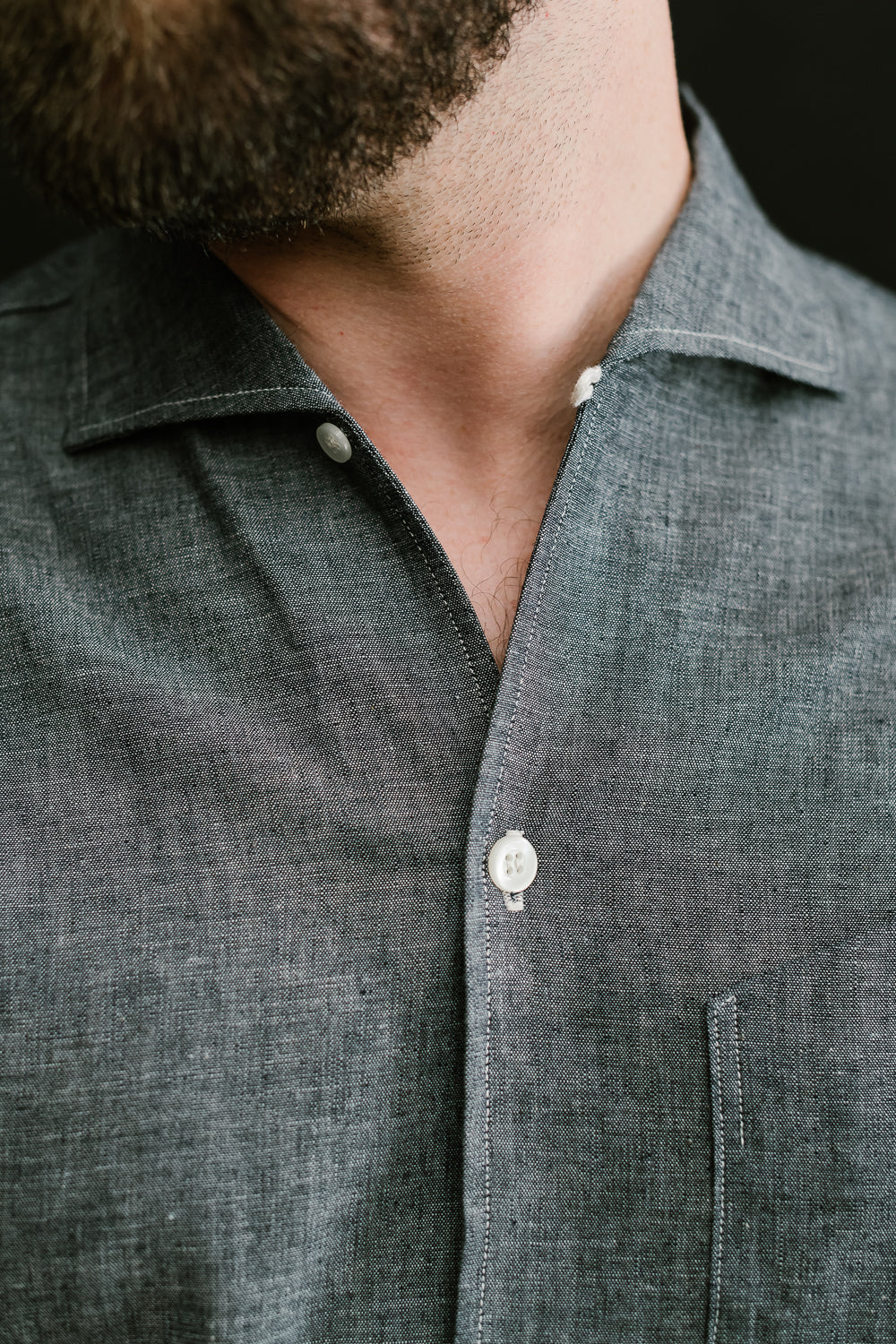 Lot 3091 - S/S Open Collar Shirt - Dark Chambray | James Dant