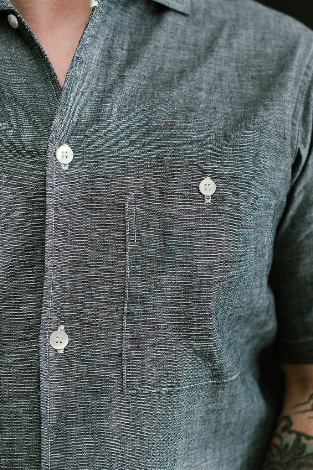 Lot 3091 - S/S Open Collar Shirt - Dark Chambray | James Dant