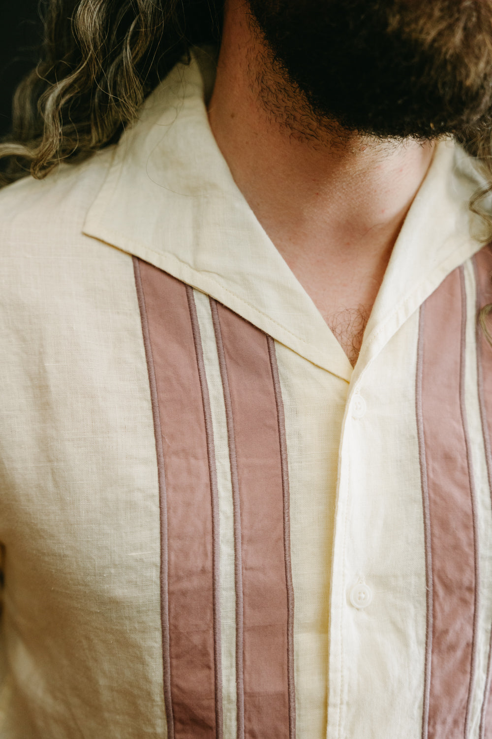 Leisure Shirt Border Stripe Appliqué - Natural, Mauve