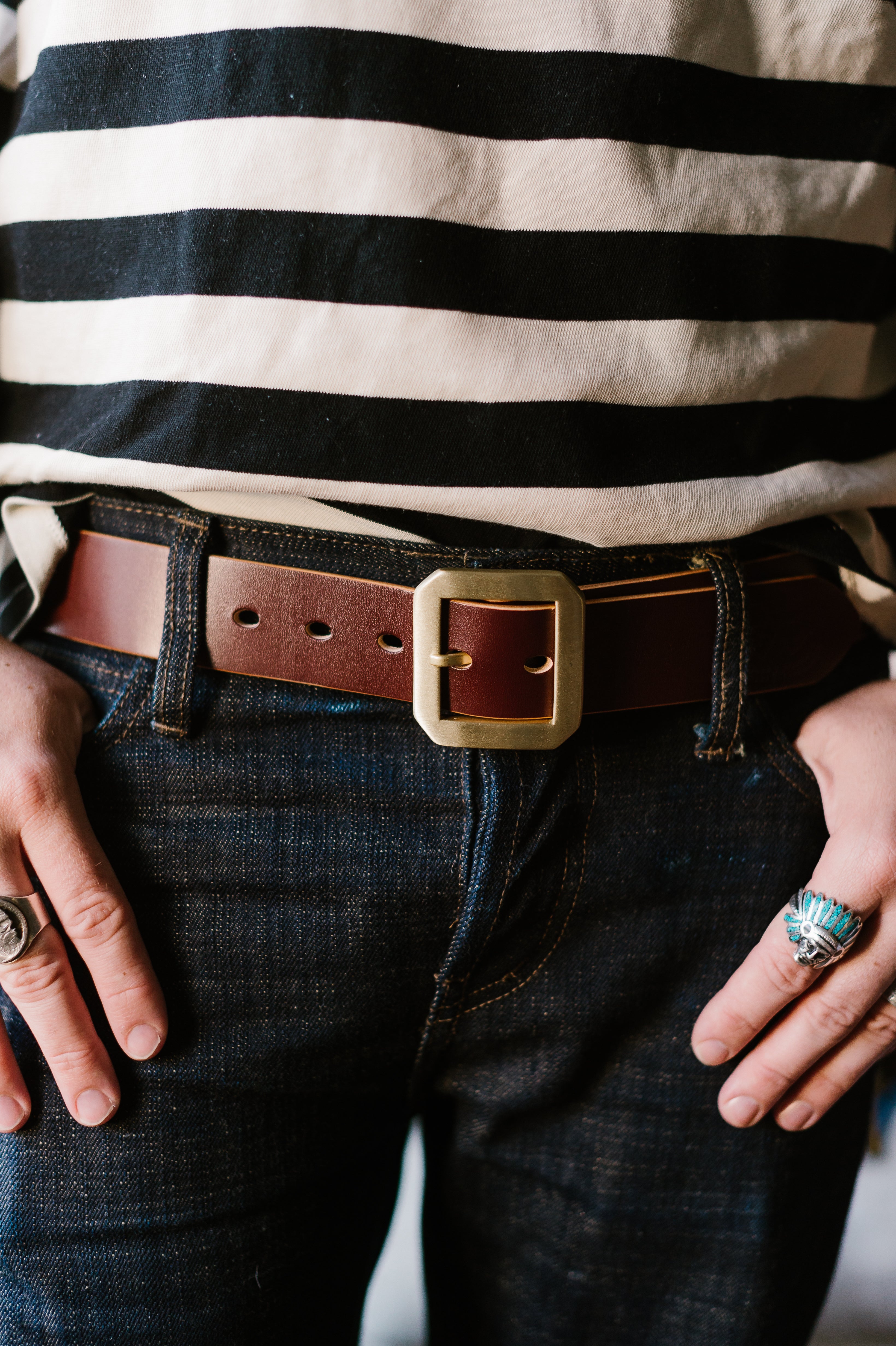 Single Prong Brass Garrison Leather Belt - Hand-Dyed Brown