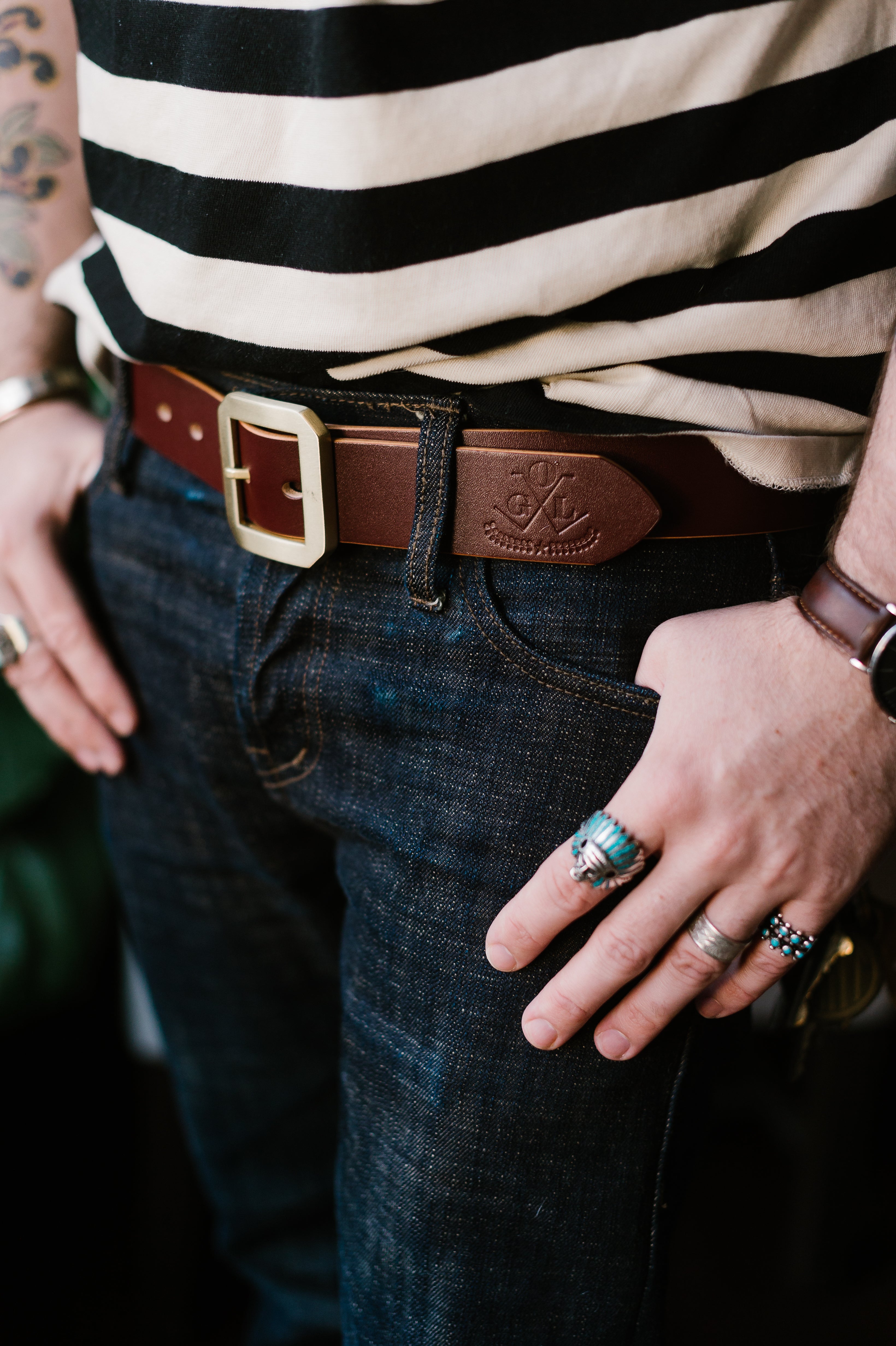 Dark Tan English Point Hand-Dyed Leather Jeans Belt
