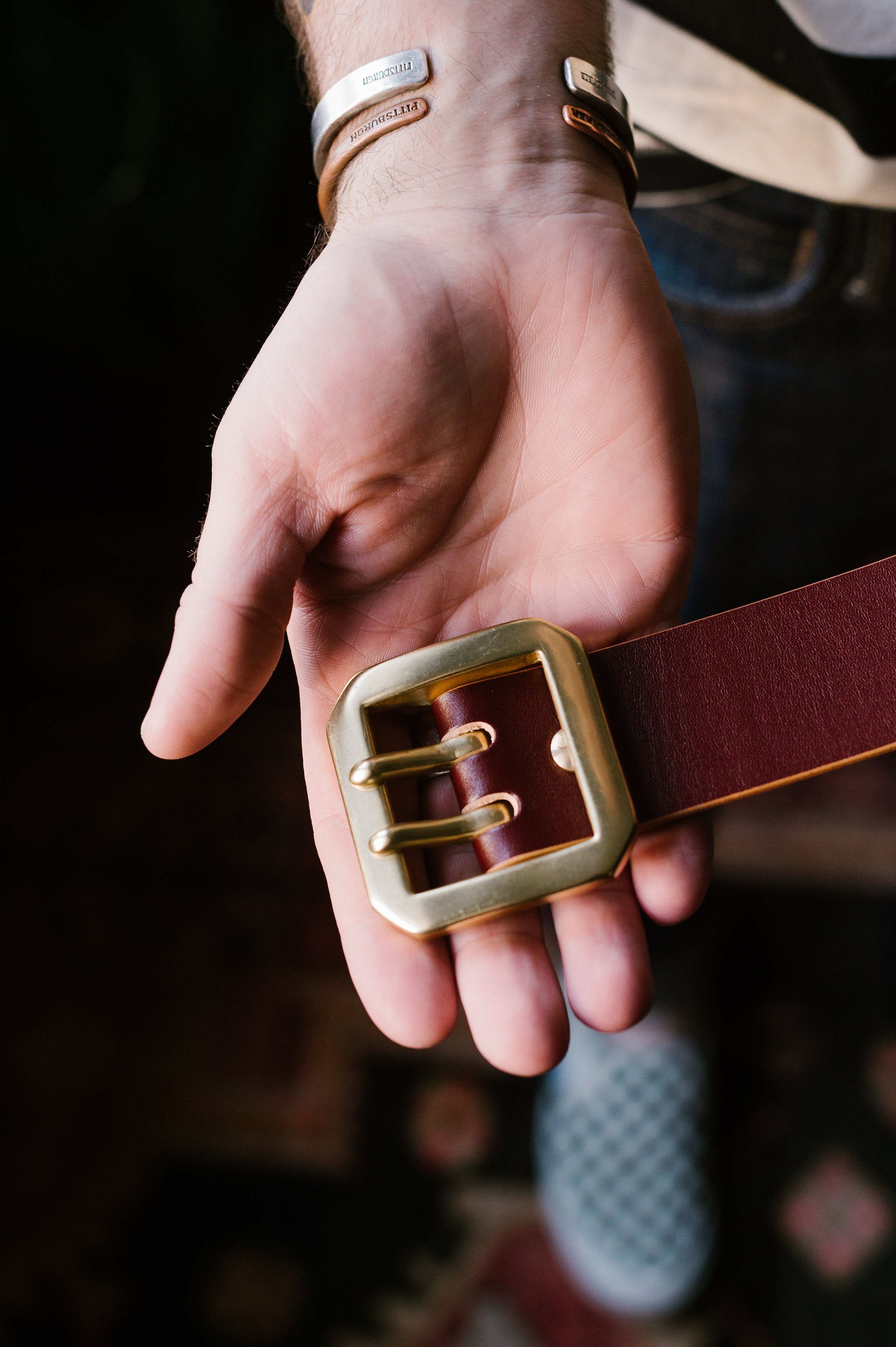 Double Prong Brass Garrison Buckle Leather Belt - Hand-Dyed Brown