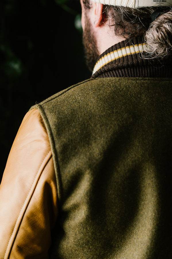 Dehen 1920 Varsity Jacket - Olive Mix / Rust, Leather Jackets