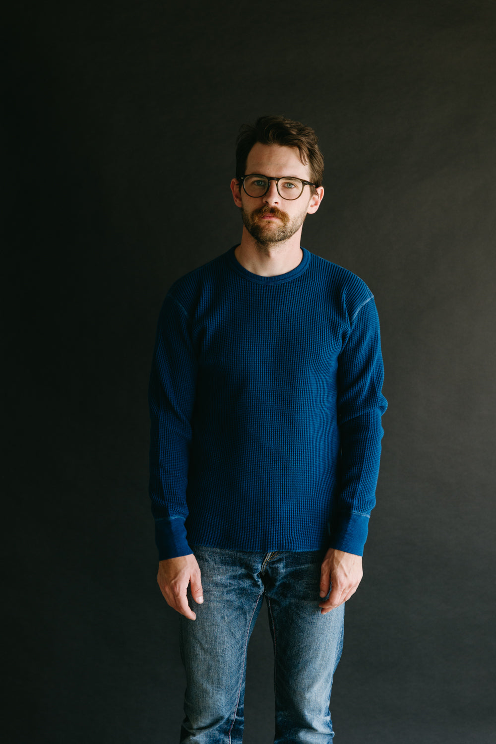 IHTL-1301-IND - Waffle Knit Long Sleeved Thermal Crew - Indigo Dyed