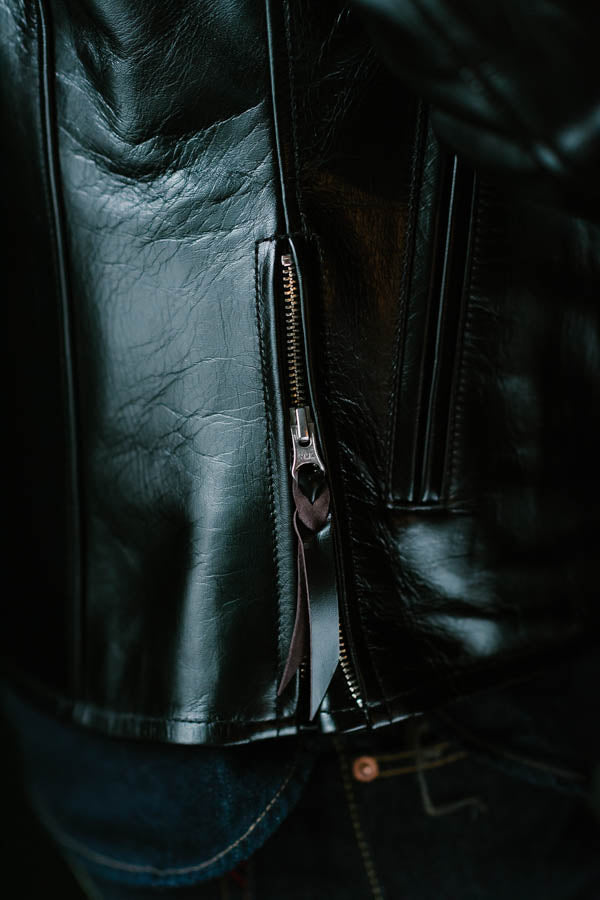 IHJ-54-BLK - Japanese Horsehide Rider’s Jacket With Collar - Black (Tea-Core Dyed)