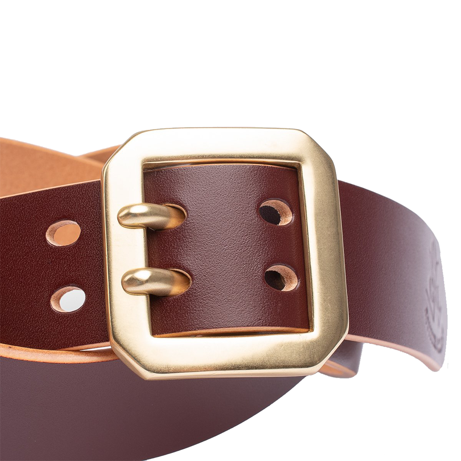 Double Prong Brass Garrison Buckle Leather Belt - Hand-Dyed Brown