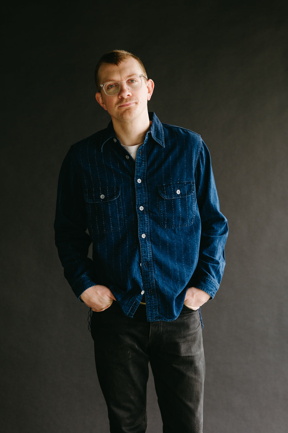 SSS22-SHR-OVS - Distressed "Shuriken" Wabash Stripe Shirt - Indigo x Black